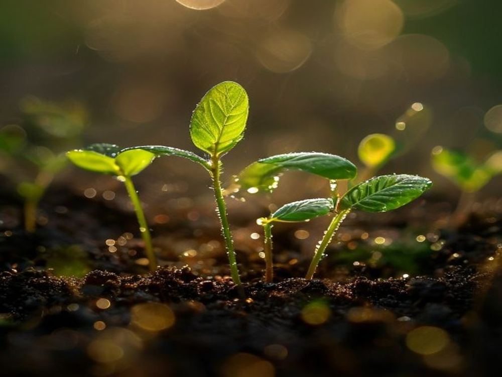 Young green seedlings pushing through dark soil in warm morning light