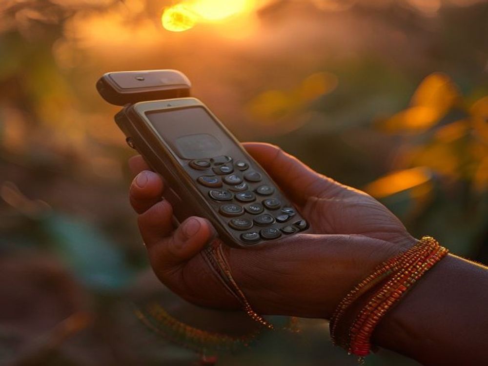 A hand with colorful bangles holds a basic phone against a golden rural sunset
